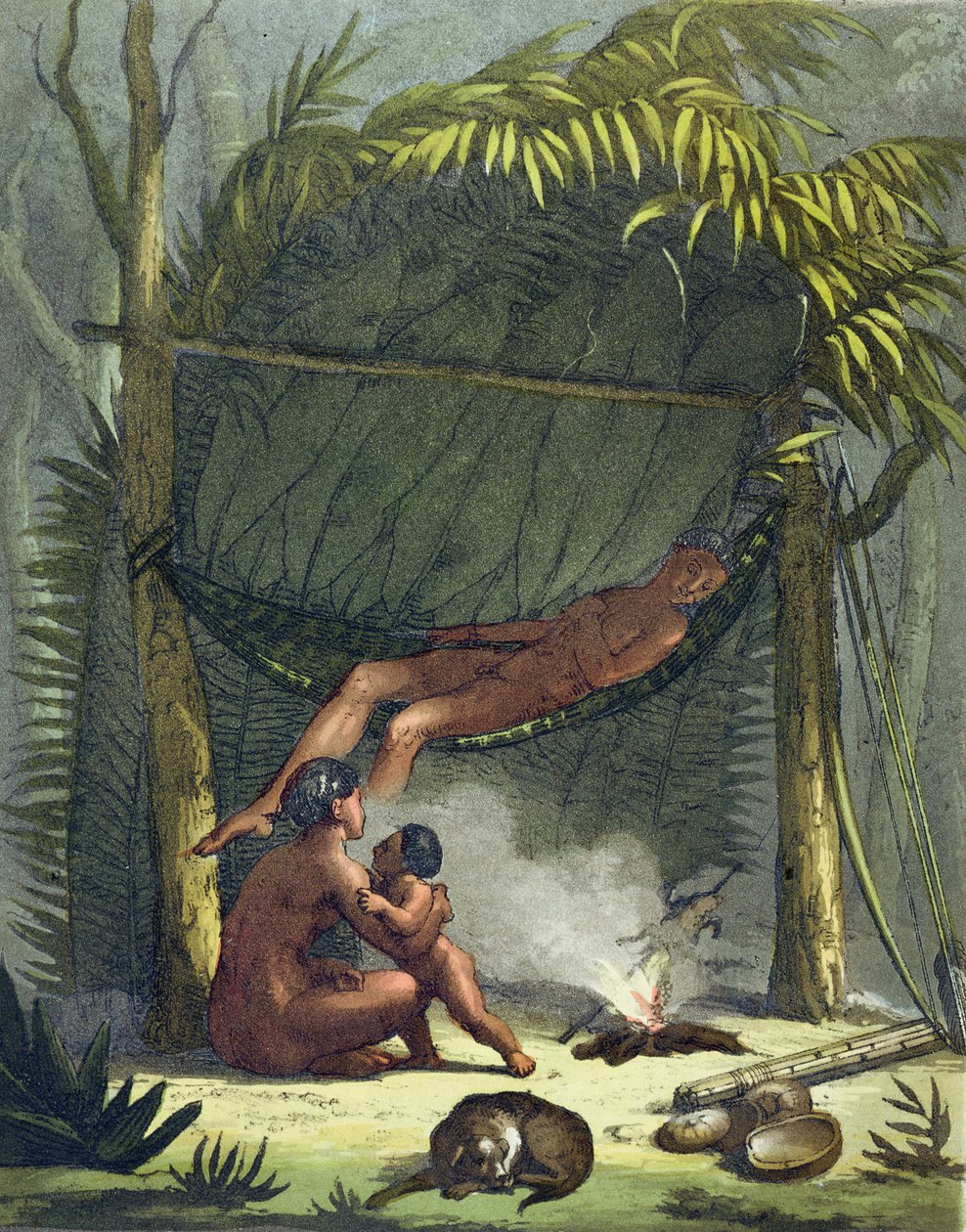 Utsikt over en Puri-hytte i Brasil, ca. 1820 av Gallo Gallina