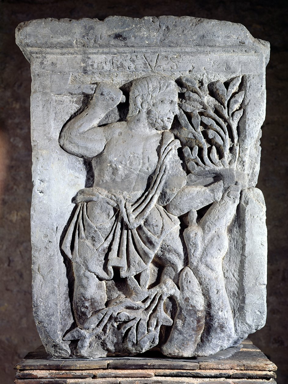 Hovedstaden i Nautes-søylen som viser Esus-skjærende misteltein, 14-37 e.Kr av Gallo Roman