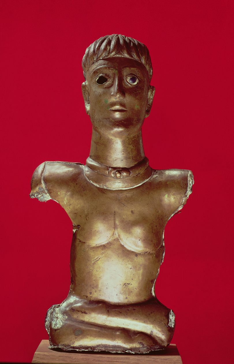Figur av en gud iført et dreiemoment som sitter med bena i kors, fra Bournay (Essonne) (bronse) av Gallo Roman