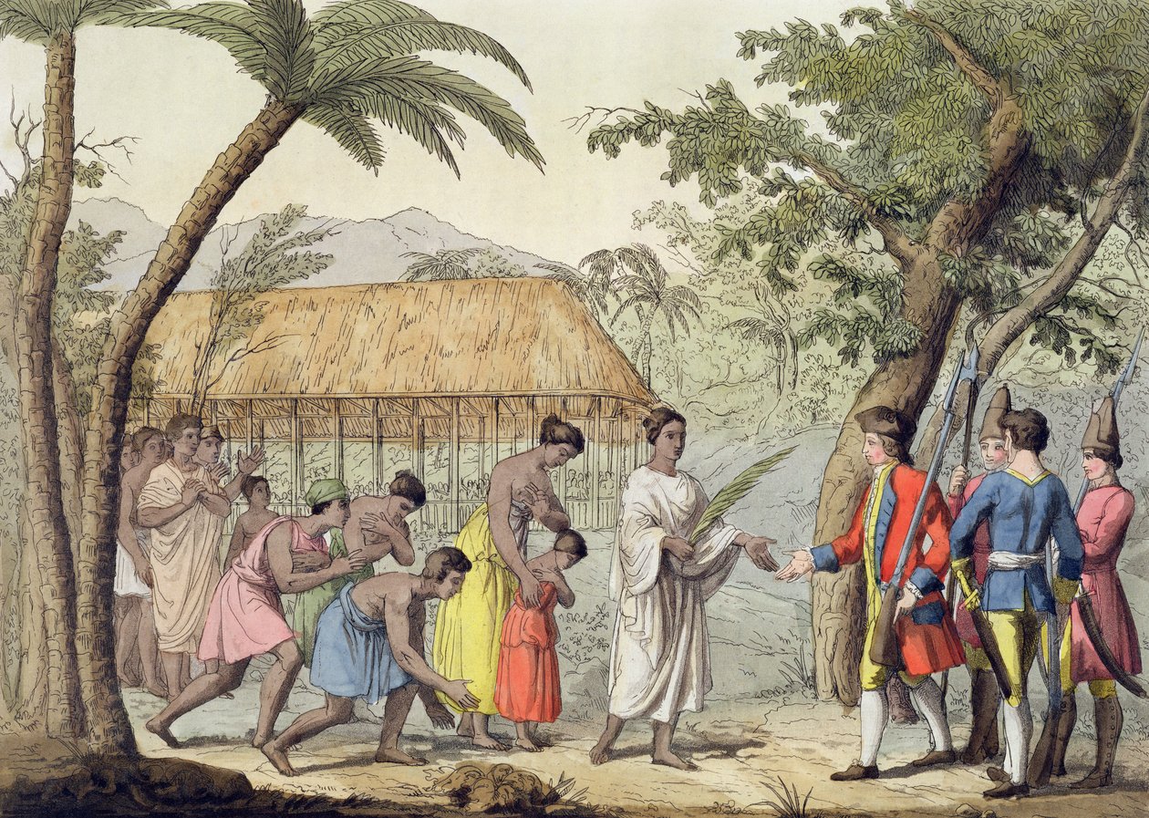 Kaptein Samuel Wallis (1728-1830) ble mottatt av dronning Oberea på øya Tahiti av Gallo Gallina