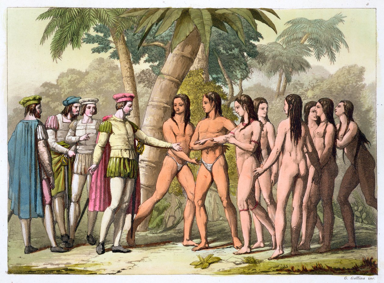 Christopher Columbus med Hernan Cortes mottar en indianerjente i gave, c1820-1839 av Gallo Gallina