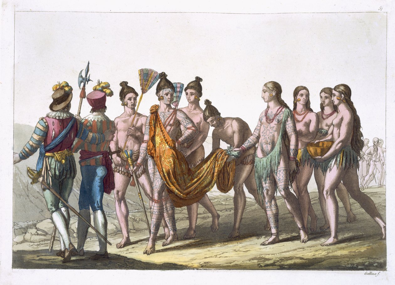 Indianske enker henvender seg til sin sjef for tillatelse til å gifte seg på nytt, plate 57 fra 'Le Costume Ancien et Moderne' av Jules Ferrario, utgitt ca. 1820-30-tallet av Gallo Gallina