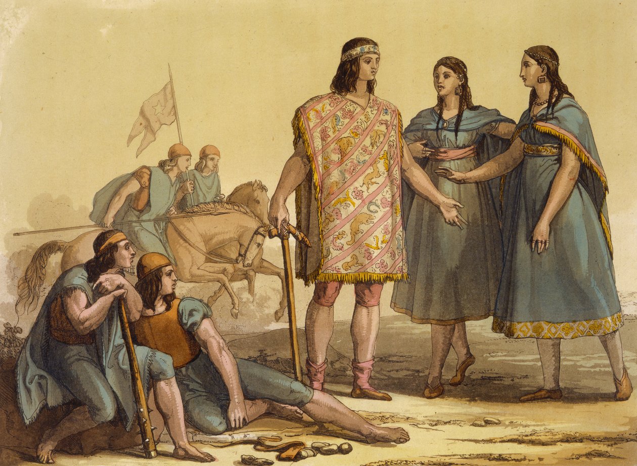 Innfødte fra Araucani-stammen, Argentina, fra Le Costume Ancien et Moderne, bind II, plate 37, av Jules Ferrario, utgitt ca. 1820-30-tallet av Gallo Gallina