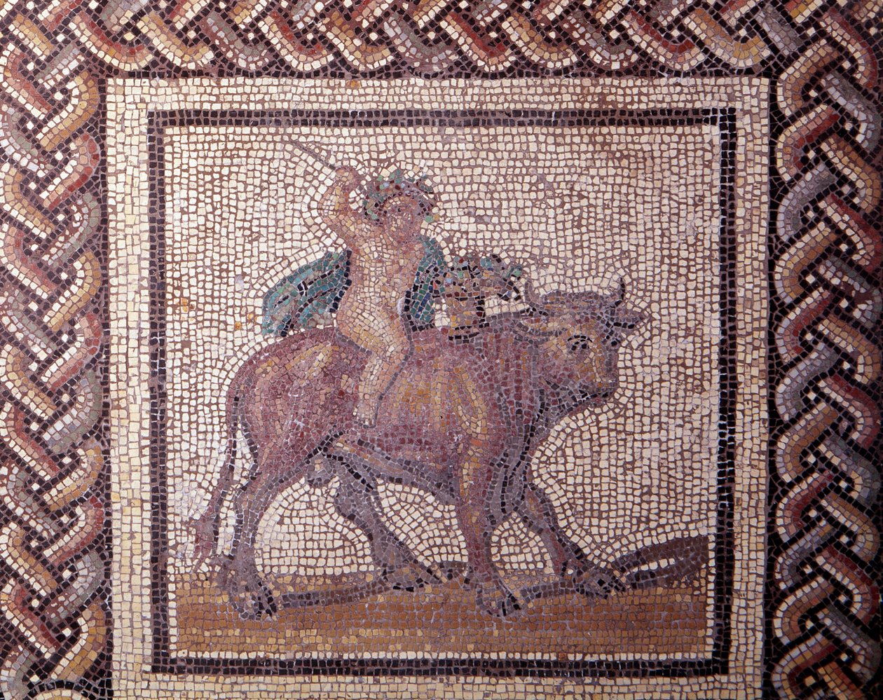 Gallo Roman Art: mosaikkbelegg som representerer en rustikk kalender. Allegori om vårritt på en okse. Slutt 2., begynnelsen av 3. århundre etter JC. Fra Saint-Romain-en-Gal (Rhône). Saint Germain en Laye, Nasjonalmuseet for arkeologi av Gallo Roman
