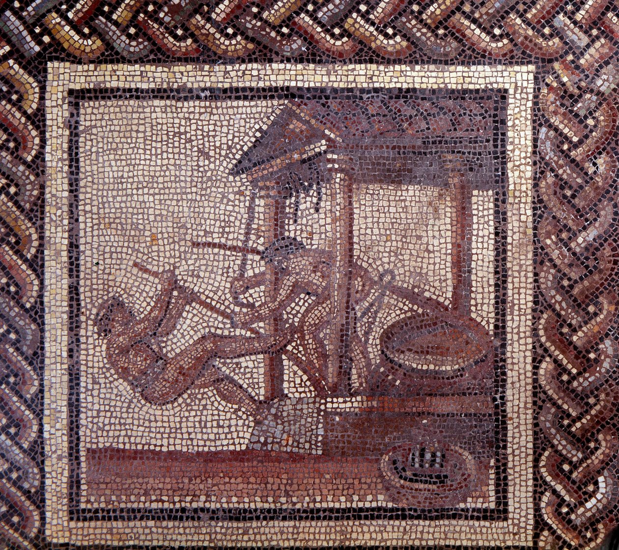 Gallo Roman Art: mosaikkbelegg som representerer en rustikk kalender. En oljepresse. Slutt 2., begynnelsen av 3. århundre etter JC. Fra Saint-Romain-en-Gal (Rhone). Saint Germain en Laye, Nasjonalmuseet for arkeologi av Gallo Roman