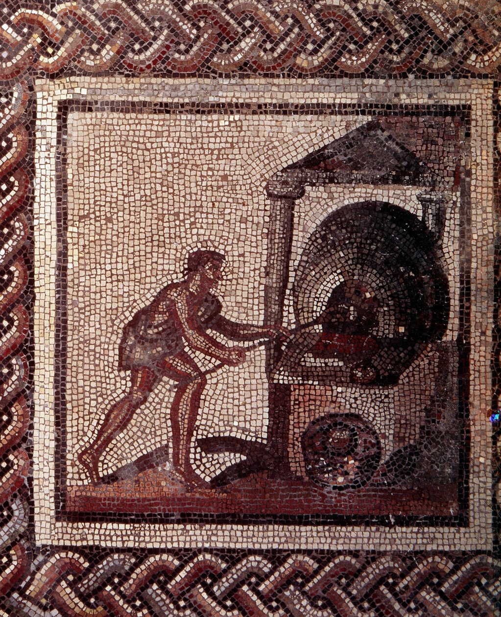 Gallo Roman Art: mosaikkbelegg som representerer en rustikk kalender. Brødbakingsscene. Slutt 2., begynnelsen av 3. århundre etter JC. Fra Saint-Romain-en-Gal (Rhône). Saint Germain en Laye, Nasjonalmuseet for arkeologi av Gallo Roman