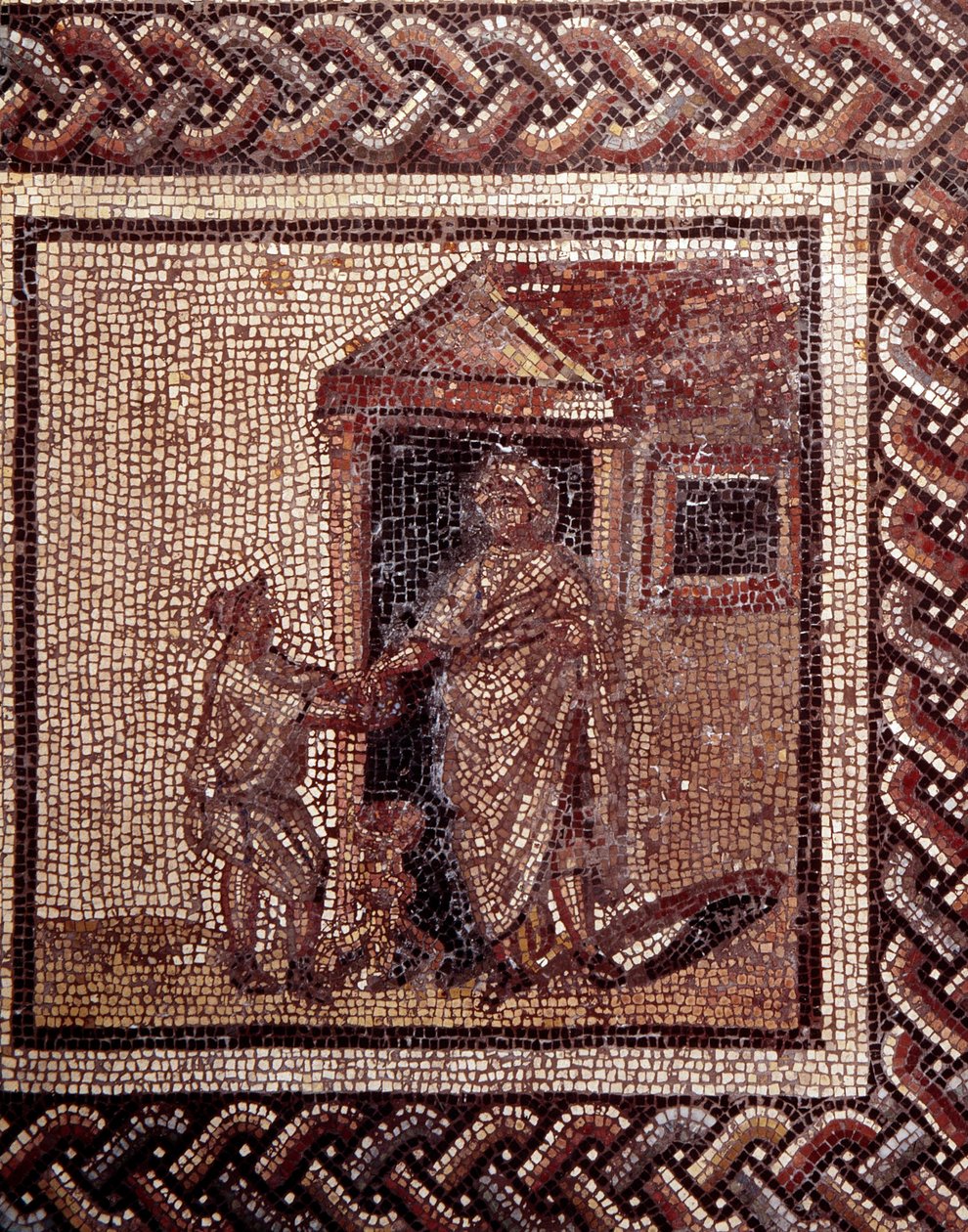 Gallo Roman Art: mosaikkbelegg som representerer en rustikk kalender. Feiringsscene. Slutt 2., begynnelsen av 3. århundre etter JC. Fra Saint-Romain-en-Gal (Rhône). Saint Germain en Laye, Nasjonalmuseet for arkeologi av Gallo Roman