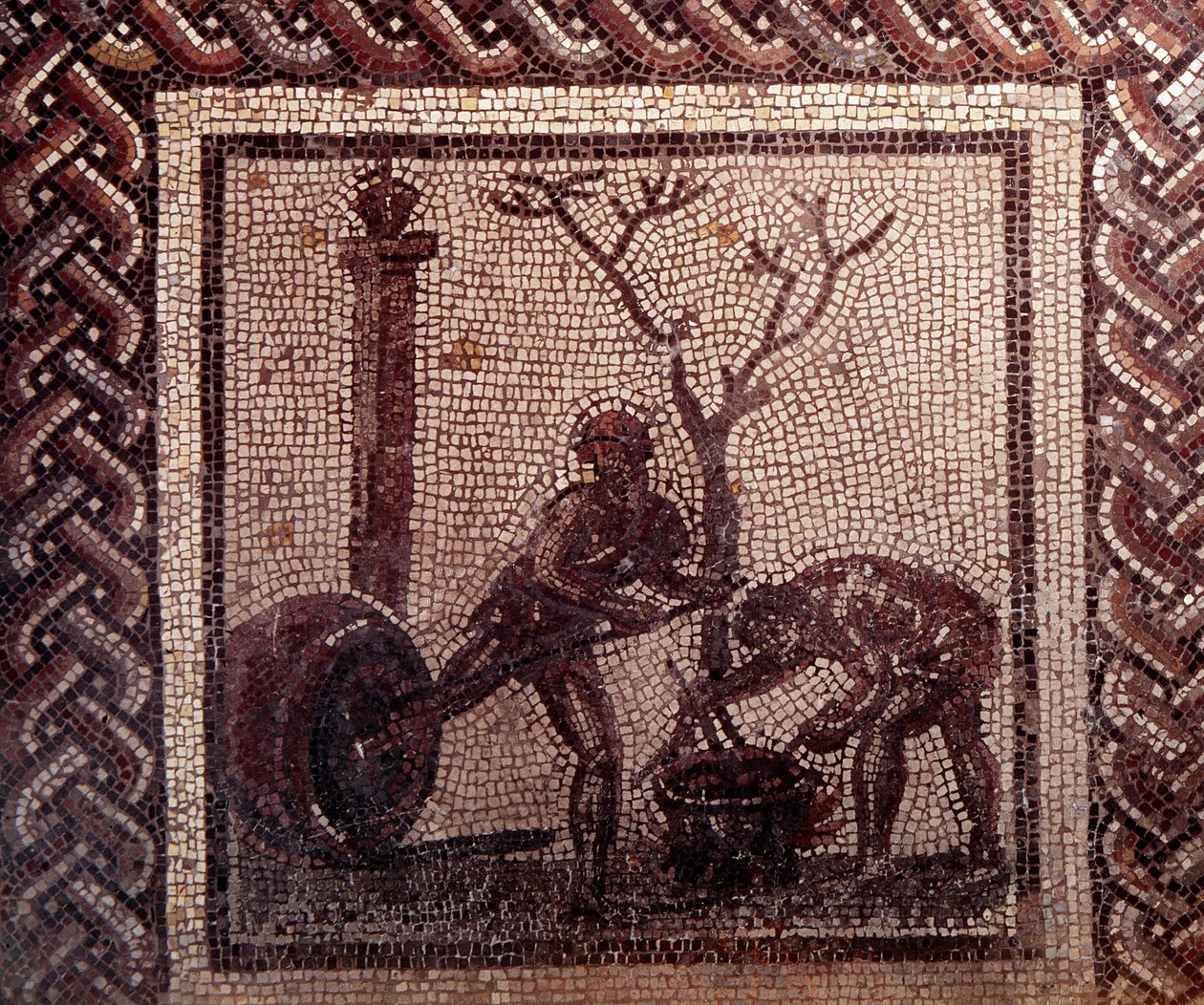Gallo Roman Art: mosaikkbelegg som representerer en rustikk kalender. Jar poistering scene. Slutt 2., begynnelsen av 3. århundre etter JC. Fra Saint-Romain-en-Gal (Rhône). Saint Germain en Laye, Nasjonalmuseet for arkeologi av Gallo Roman