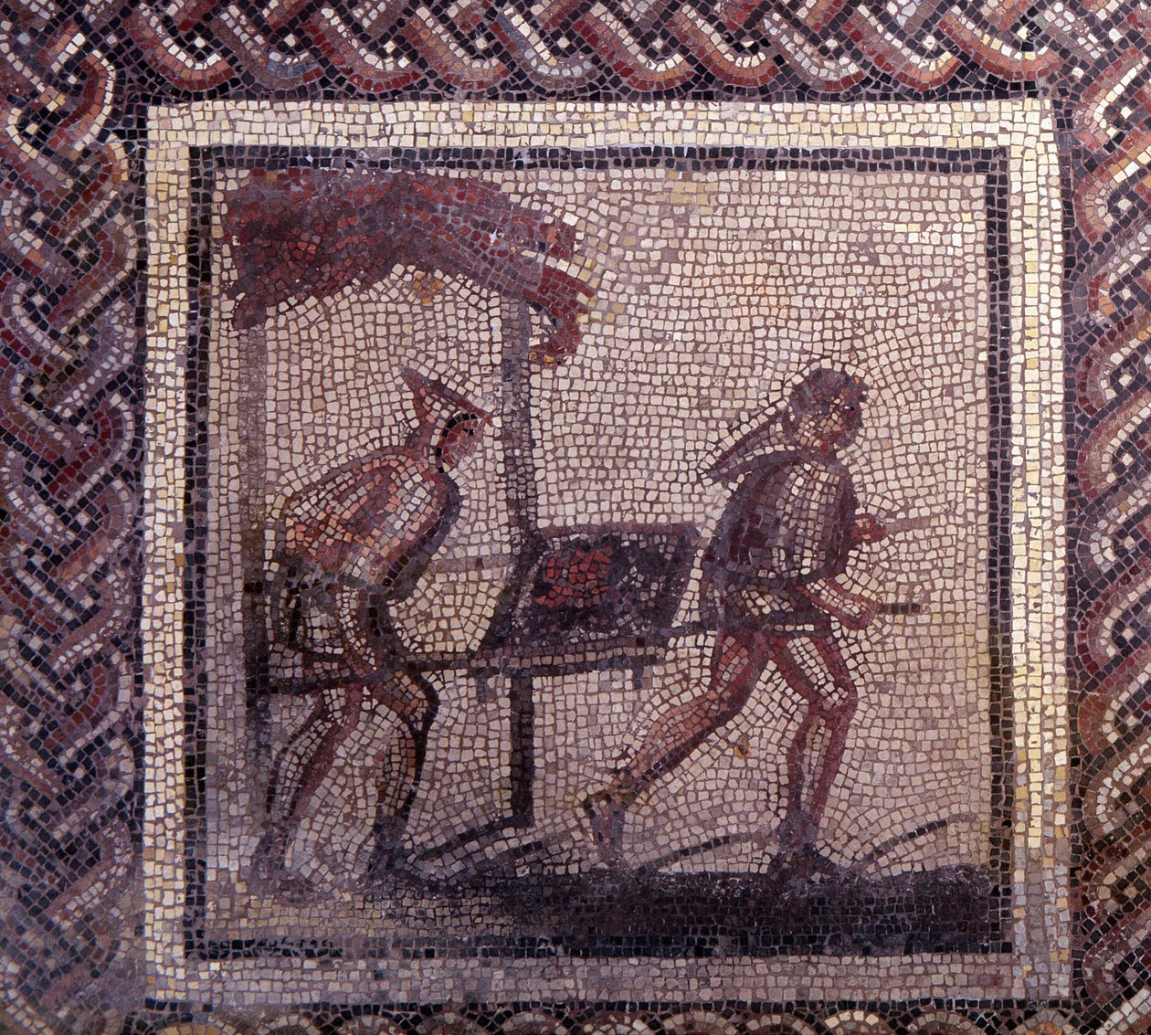 Gallo Roman Art: mosaikkbelegg som representerer en rustikk kalender. Gjødseltransportscene. Slutt 2., begynnelsen av 3. århundre etter JC. Fra Saint-Romain-en-Gal (Saint Romain en Gal, Rhone). Saint Germain en Laye, Nasjonalmuseet for arkeologi av Gallo Roman