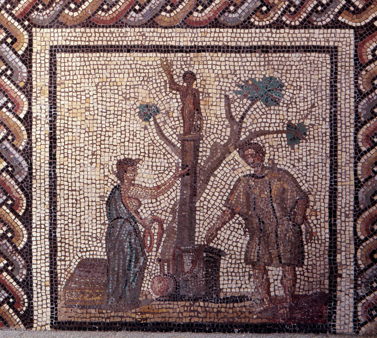 Gallo Roman Art: mosaikkbelegg som representerer en rustikk kalender. Offerscene i Ceres og Apollo. Slutt 2., begynnelsen av 3. århundre etter JC. Fra Saint-Romain-en-Gal (Rhône). Saint Germain en Laye, Nasjonalmuseet for arkeologi av Gallo Roman