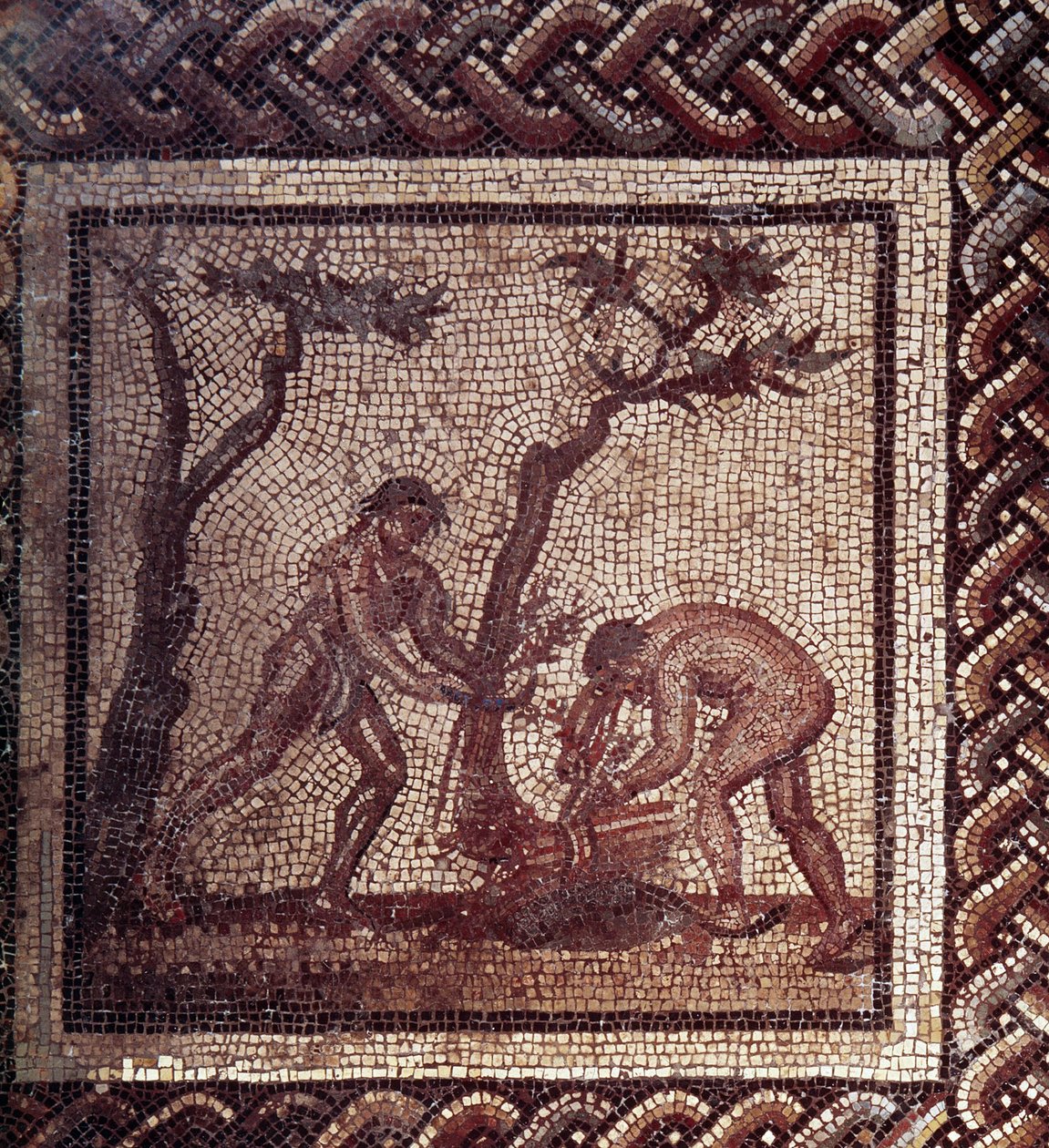 Gallo Roman Art: mosaikkbelegg som representerer en rustikk kalender. Scene med stråtak. Slutt 2., begynnelsen av 3. århundre etter JC. Fra Saint-Romain-en-Gal (Rhône). Saint Germain en Laye, Nasjonalmuseet for arkeologi av Gallo Roman