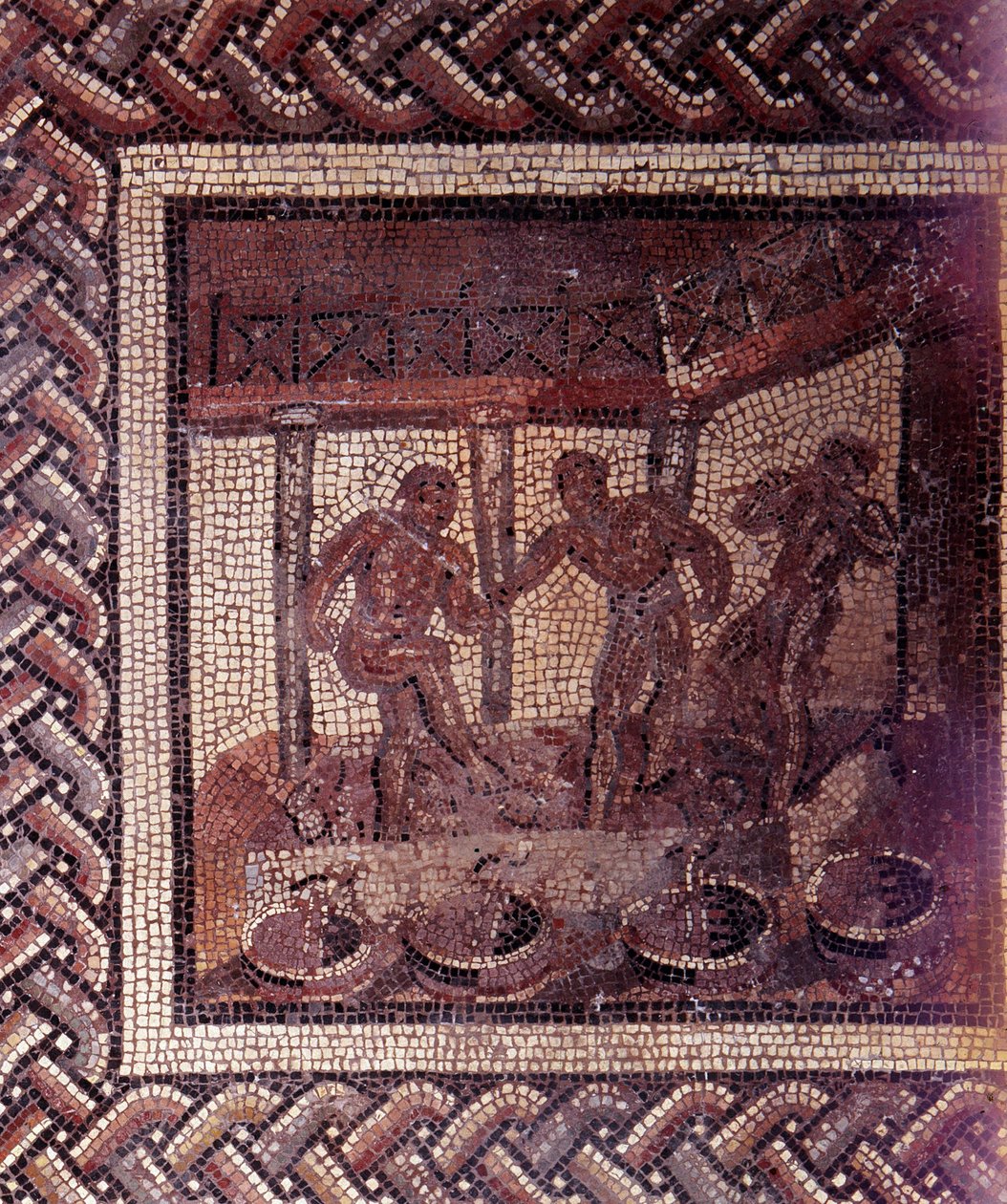 Gallo Roman Art: mosaikkbelegg som representerer en rustikk kalender. Scene med å tråkke druer i et kar. Slutt 2., begynnelsen av 3. århundre etter JC. Fra Saint-Romain-en-Gal (Rhône). Saint Germain en Laye, Nasjonalmuseet for arkeologi av Gallo Roman