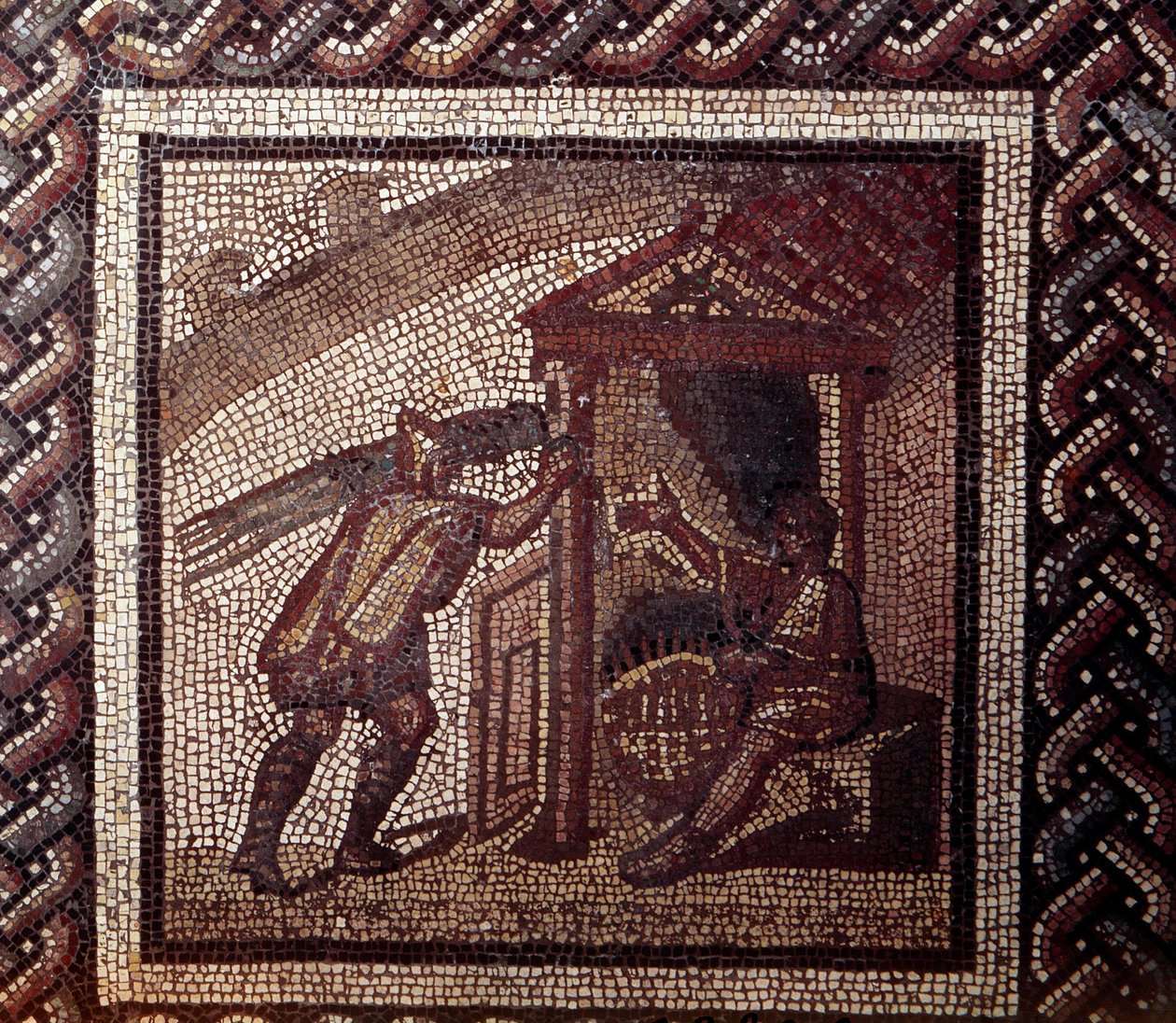 Gallo Roman Art: mosaikkbelegg som representerer en rustikk kalender. Flettarbeid og flettekurver. Slutt 2., begynnelsen av 3. århundre etter JC. Fra Saint-Romain-en-Gal (Rhône). Saint Germain en Laye, Nasjonalmuseet for arkeologi av Gallo Roman
