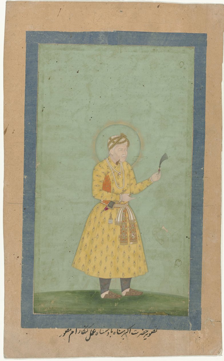 Portrett av Akbar, stående, med sky i hånden av Gangaram (attributed to)