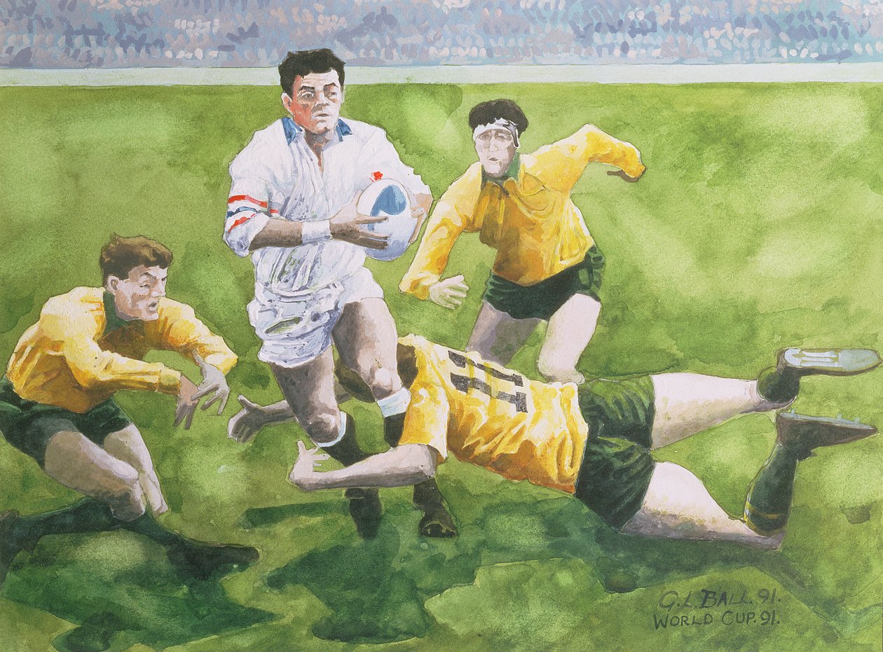 Rugbykamp: England mot Australia i verdenscupfinalen, 1991, Will Carling blir taklet (wc) av Gareth Lloyd Ball