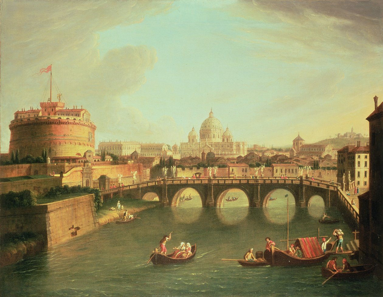 Utsikt over Roma med broen og Castel St. Angelo ved Tiberen av Gaspar van Wittel