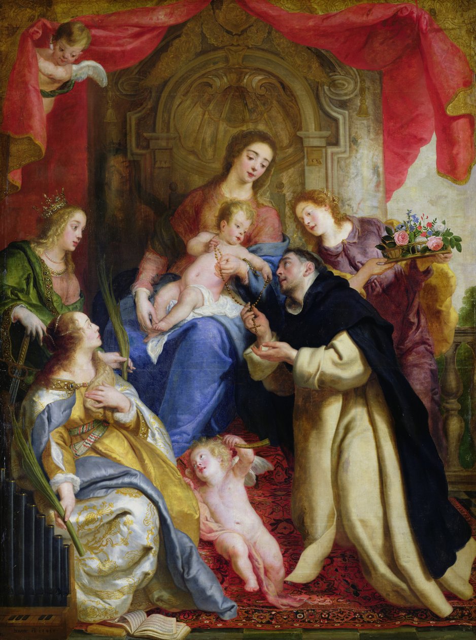 Jomfruen tilbyr rosenkransen til St. Dominic, 1641 av Gaspar De Crayer