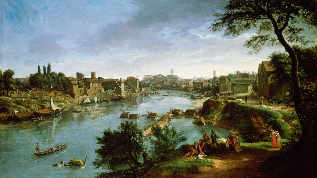 Utsikt over elven Tiberen i Roma (par 68188) av Gaspar van Wittel