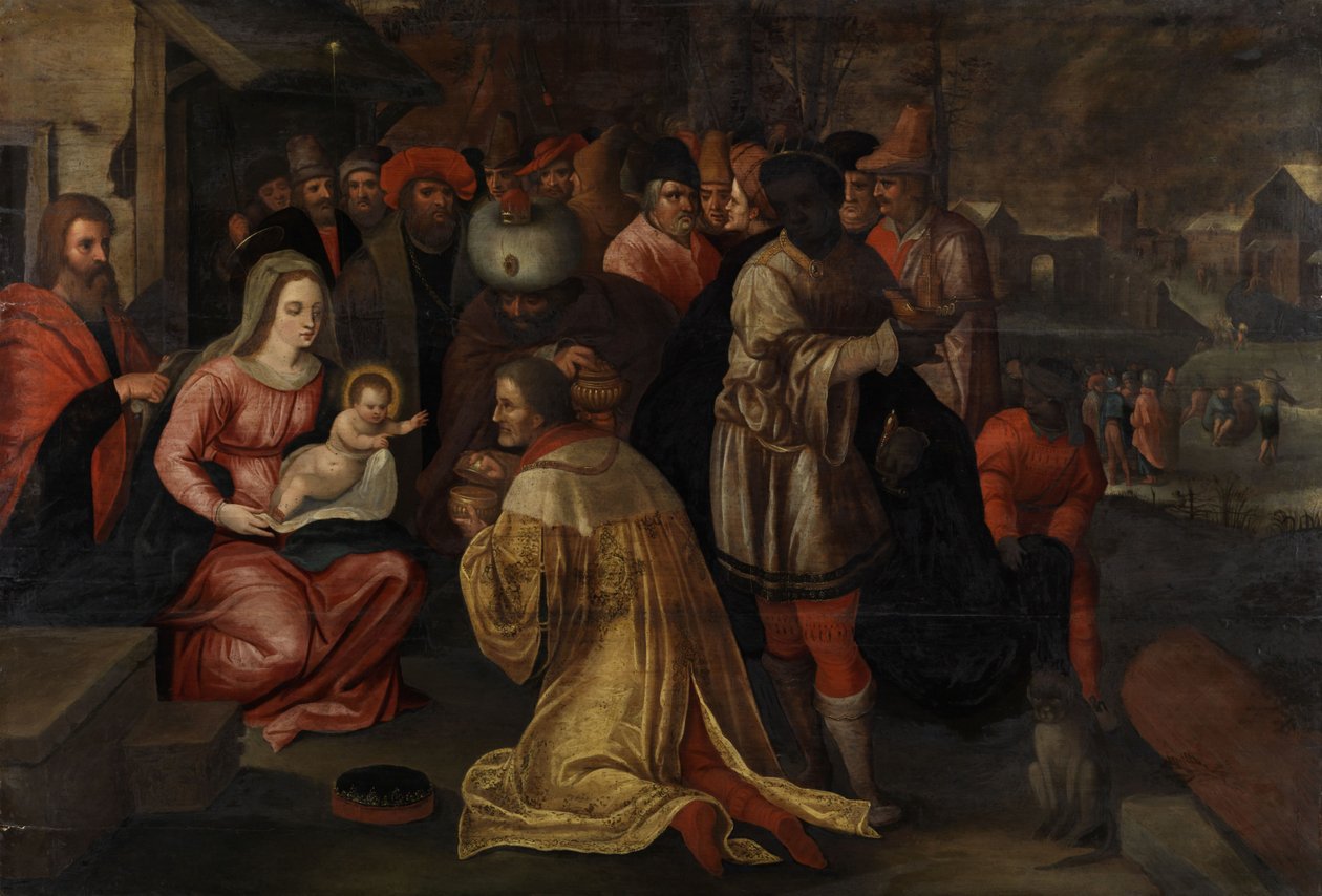 De tre vise mennene i tilbedelse av barnet av Gaspar van den Hoecke