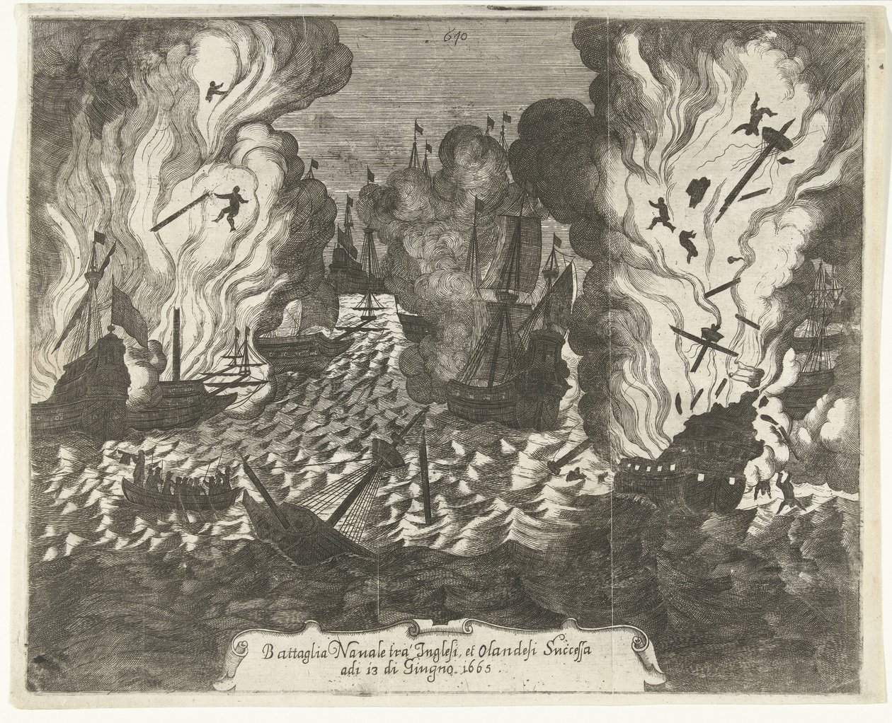 Slaget ved Lowestoft, 1665 Sjøslag mellom engelskmenn og nederlendere påfølgende 13. juni 1665 (tittel på objekt) av Gaspar Bouttats (attributed to)