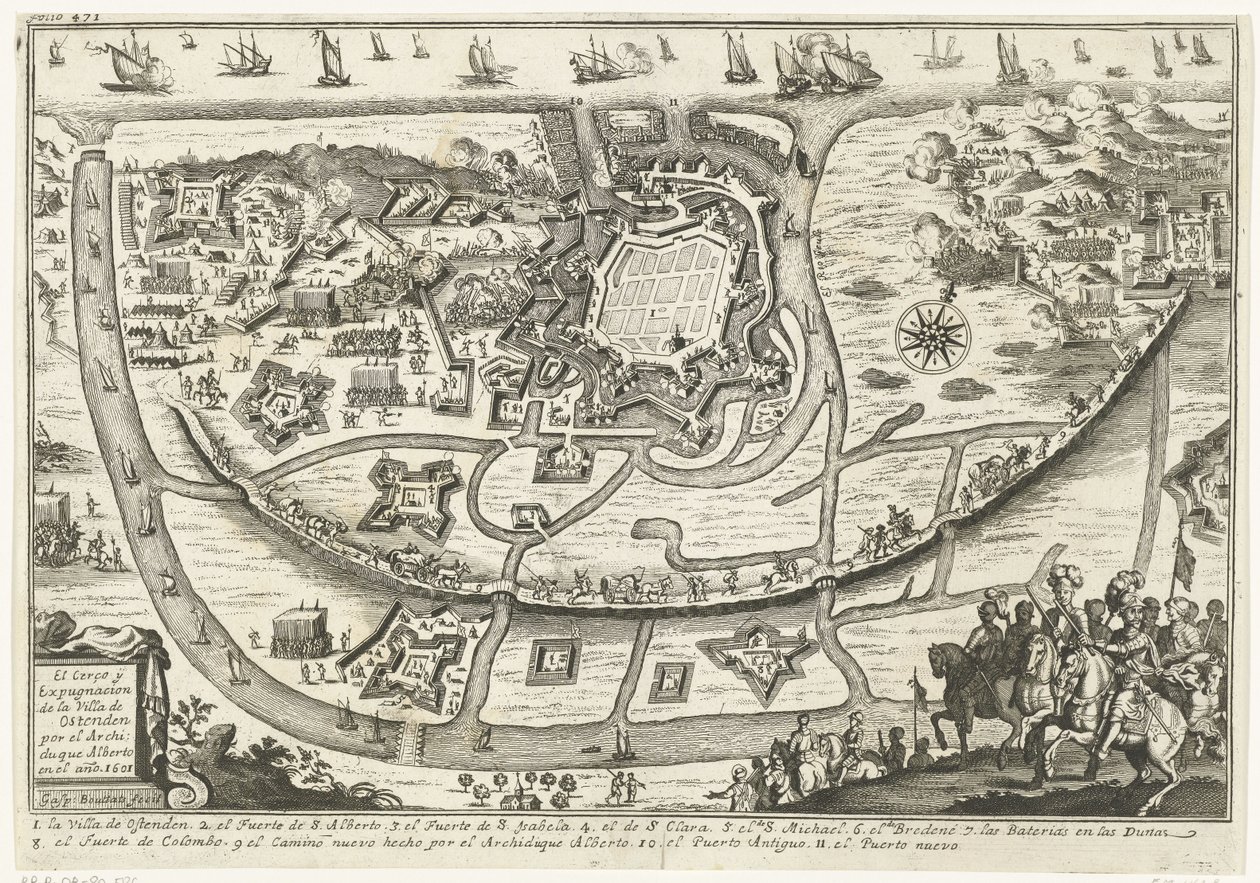 Beleg van Oostende, 1601 Beleiringen og utvisningen av villaen i Oostende av erkehertug Alberto i år 1601 (tittel på objekt) av Gaspar Bouttats