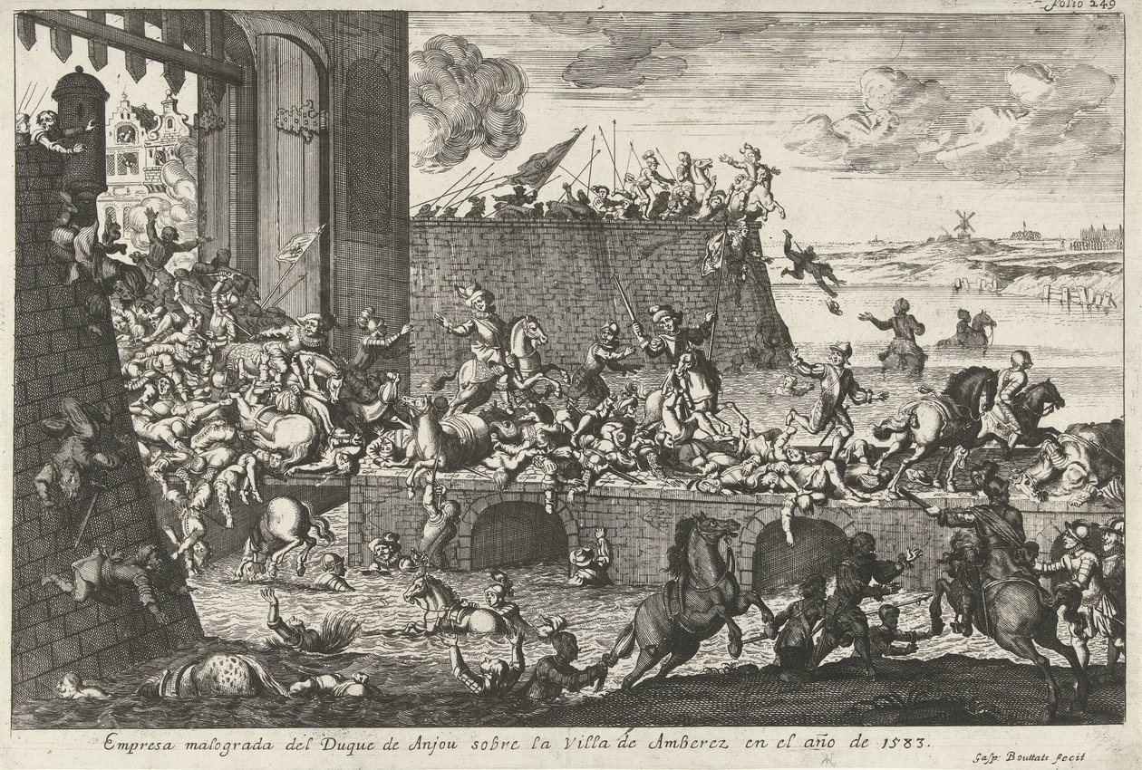 Fra Franse Furie te Antwerpen, 1583 Mislykket foretak av hertugen av Anjou i byen Antwerpen i år 1583 (tittel på objekt) av Gaspar Bouttats