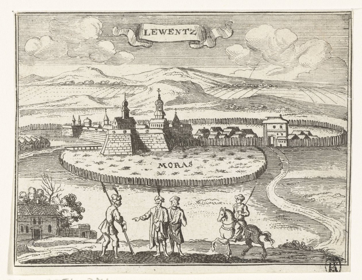 Utsikt over Levice Topografiske bilder av Østerrike, Ungarn og Balkan (serietittel) Kort beskrivelse, og aen-wysinghe der plaetsen i desen boeck, med deres teghen-ord, stående, pertinent uyt-ghebeldt, i Oostenryck (serien av Gaspar Bouttats