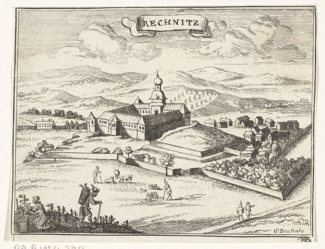 Utsikt over Rechnitz Topografiske bilder av Østerrike, Ungarn og Balkan (serietittel) Kort beskrivelse, og aen-wysinghe der placesen i desen boeck, med deres teghen-ord, stående, relevant uyt-ghebeldt, i Oostenryck (ser. av Gaspar Bouttats