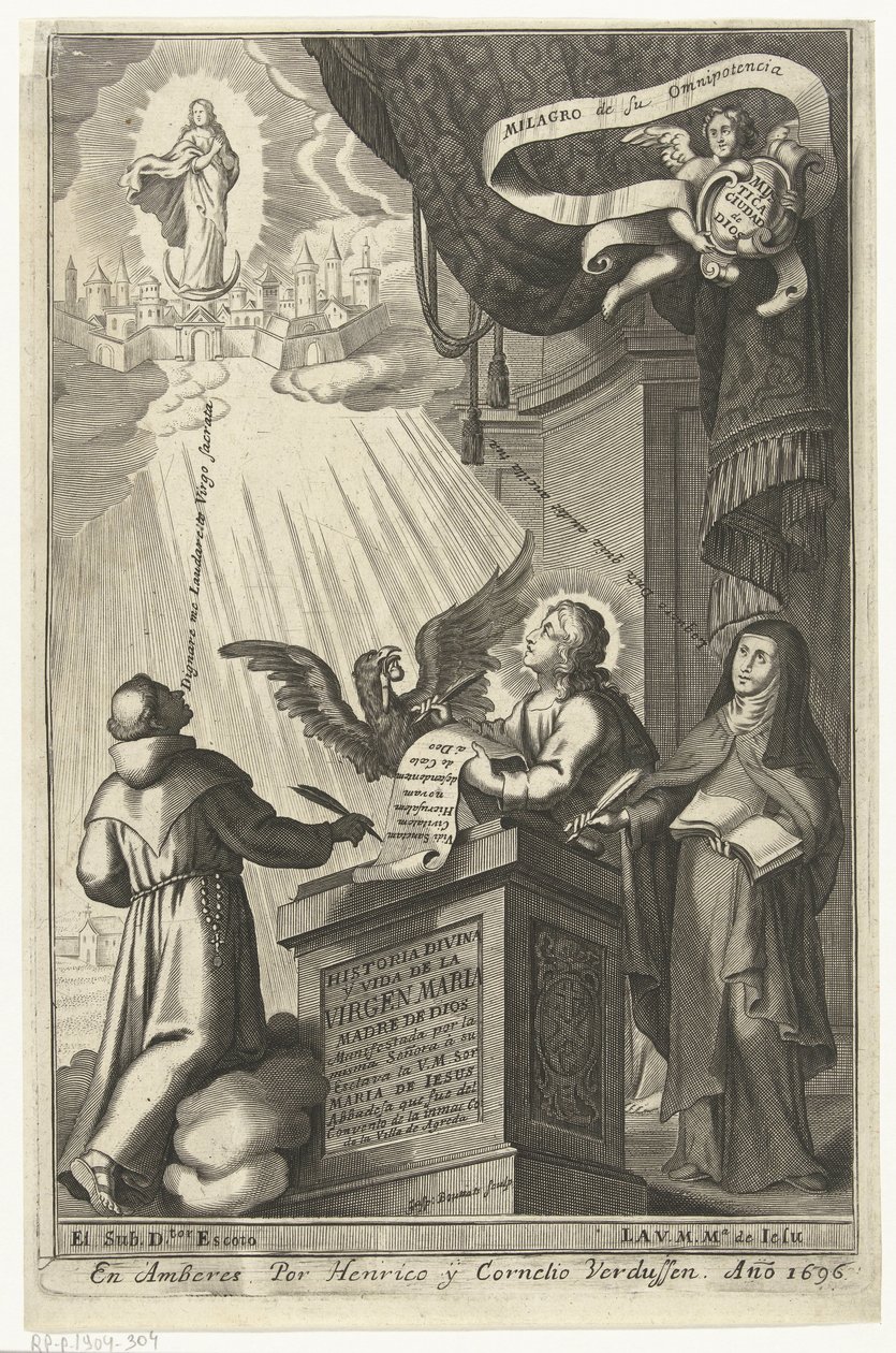 Jomfru Maria blir hentet inn i himmelriket Historia divina y vida de la Virgen maria (tittel på objekt) av Gaspar Bouttats