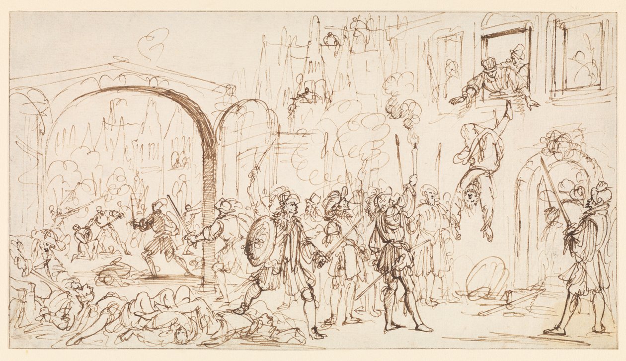 Saint Bartholomew's Day Massacre, ca. 1686 (svart kritt, penn og brunt blekk på lagt papir, med brune blekkrammelinjer) av Gaspar Bouttats