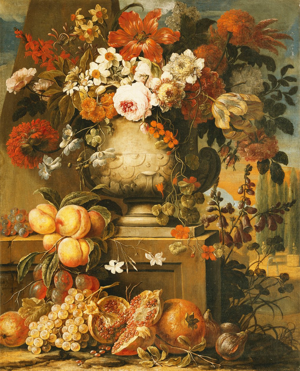 Blomster i urner på sokler med frukt, av Gaspar Pieter II Verbruggen