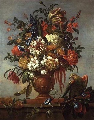 Stilleben av blomster i en urne, med en rød papegøye av Gaspar Pieter II Verbruggen