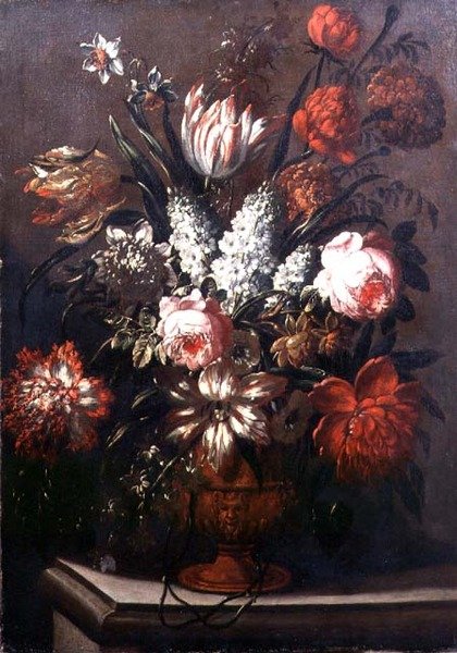 Stilleben av tulipaner, peoner, påskeliljer og andre blomster (olje på lerret) av Gaspar Pieter II Verbruggen