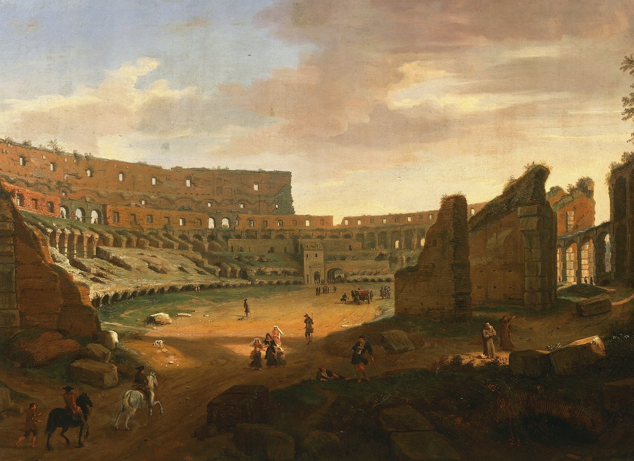 Interiør av Colosseum, av Gaspar van Wittel (1652 eller 1653-1736), olje på lerret, detalj av Gaspar van Wittel