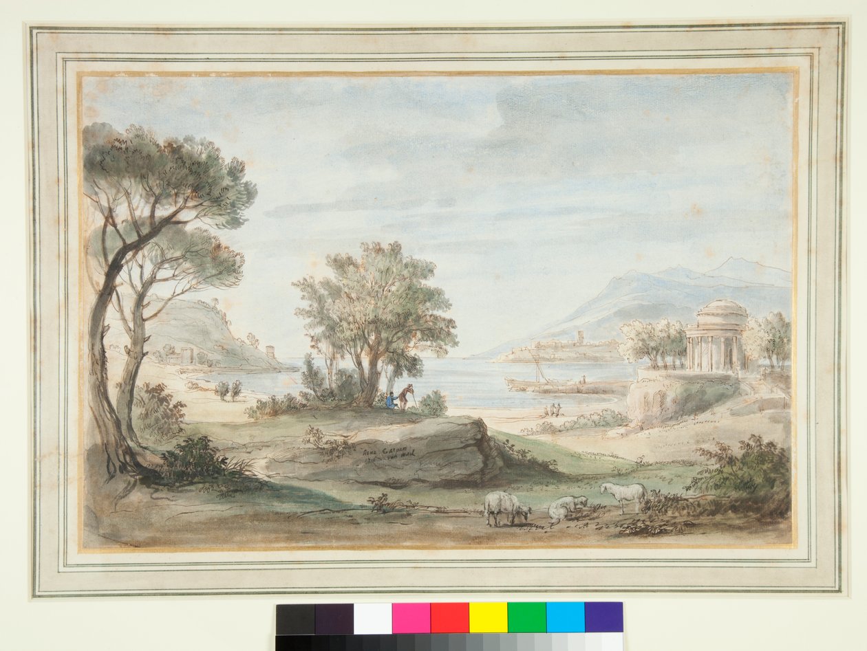 Landskap med et rundt tempel (penn og brunt blekk og fargede vasker) av Gaspar van Wittel