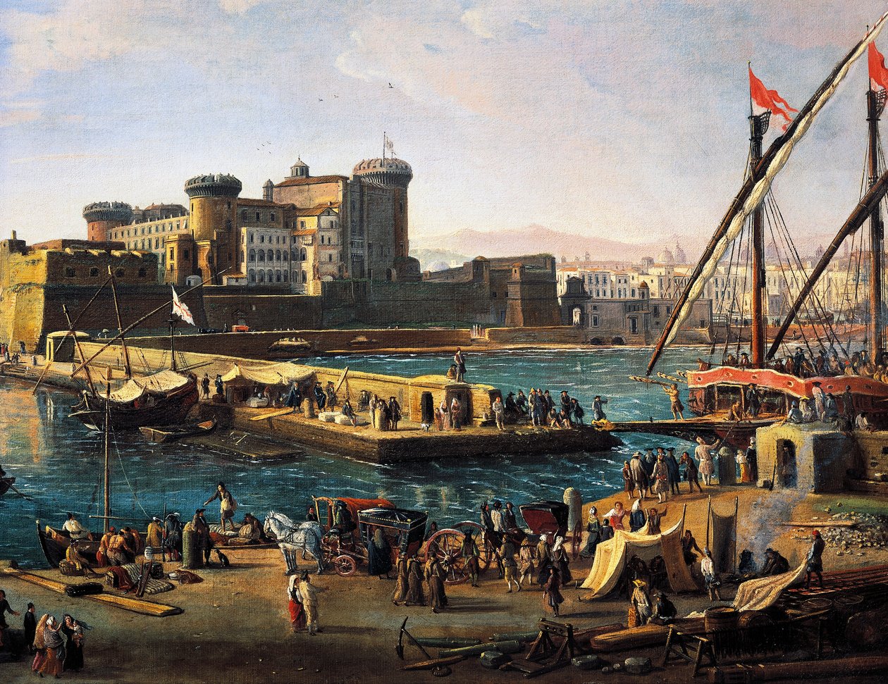 Utsikt over Castel Nuovo fra havneområdet i Napoli av Gaspar van Wittel