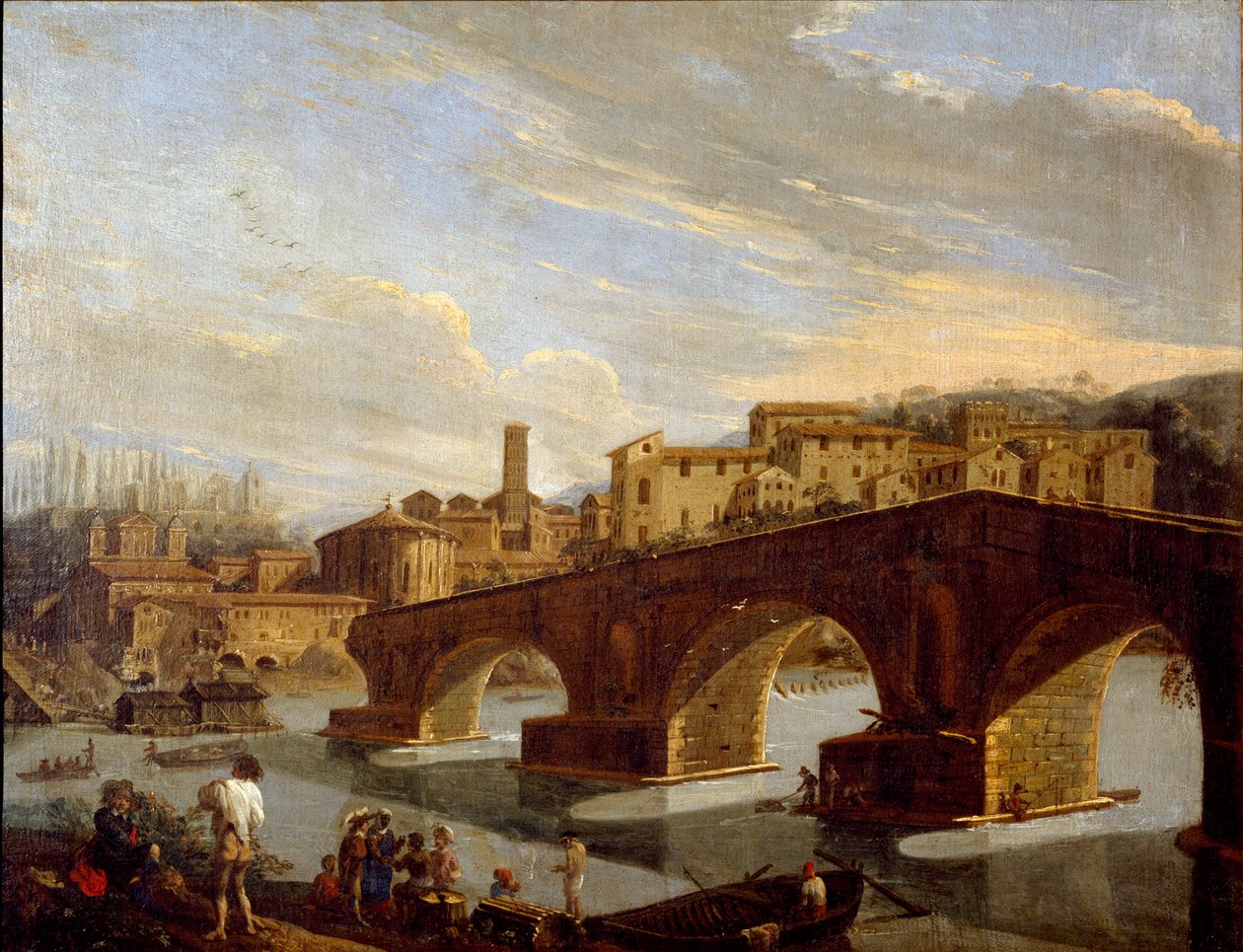 Utsikt over Tiberen i nivå med bruddbroen i Roma Maleri av Gaspare Vanvitelli (Gaspar van Wittel, Caspar Van Vitelli) (1653-1736) Dim 39,5x51 cm Milano, Galleria d