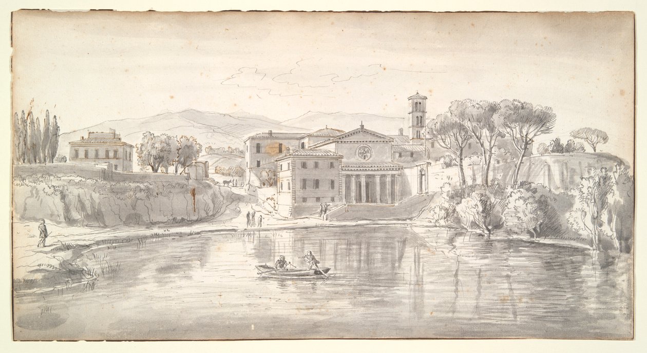 Kirke og hus langs en elv av Gaspar van Wittel