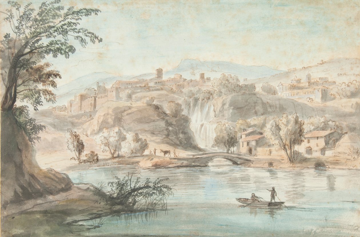 Landskap i Tivoli, 1701-10 (penn, brunt blekk og farget vask på papir) av Gaspar van Wittel