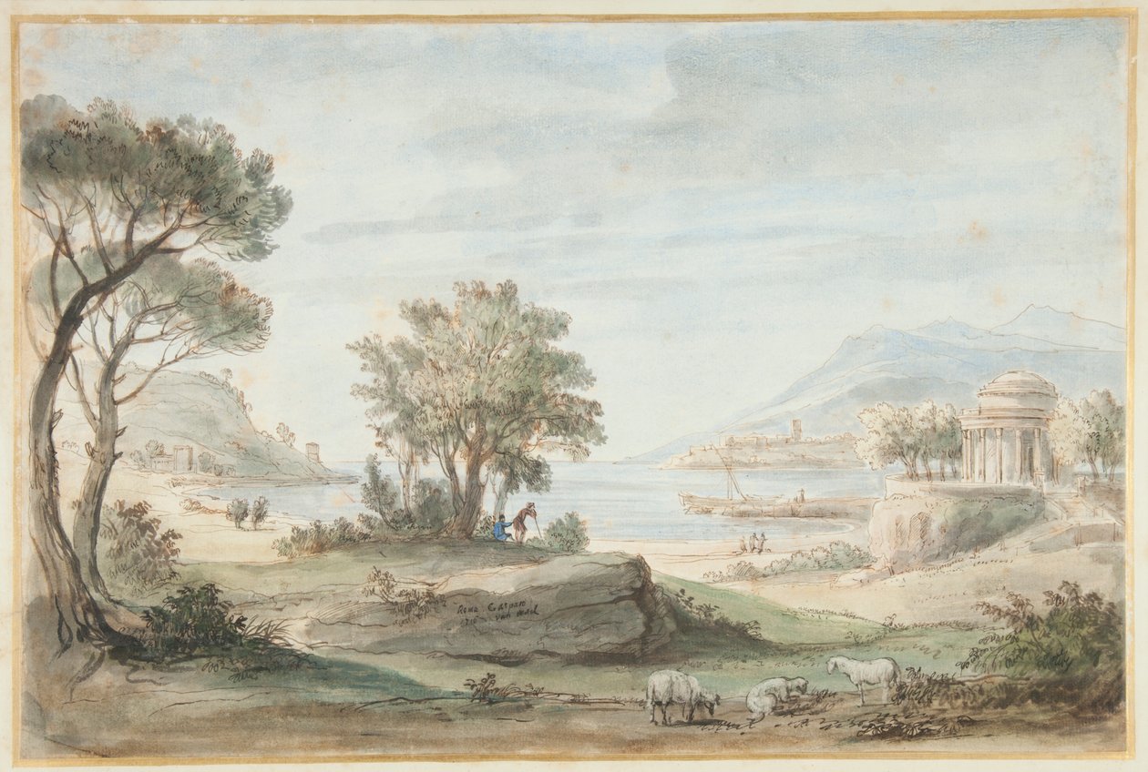 Landskap med et rundt tempel (penn, brunt blekk og farget vask på papir) av Gaspar van Wittel