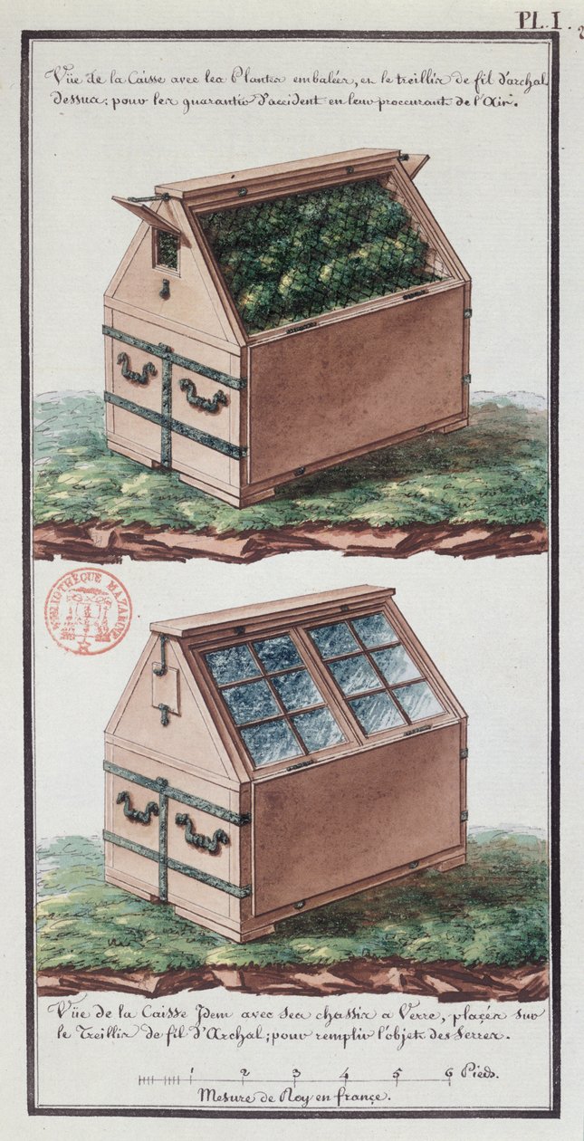 Illustrasjon av en kommode for transport av planter, fra kunstnerens notatbok laget under ekspedisjonen til Jean-Francois Gallup de la Perouse (1741-88) (penn og blekk og wc på papir) av Gaspard Duche de Vancy