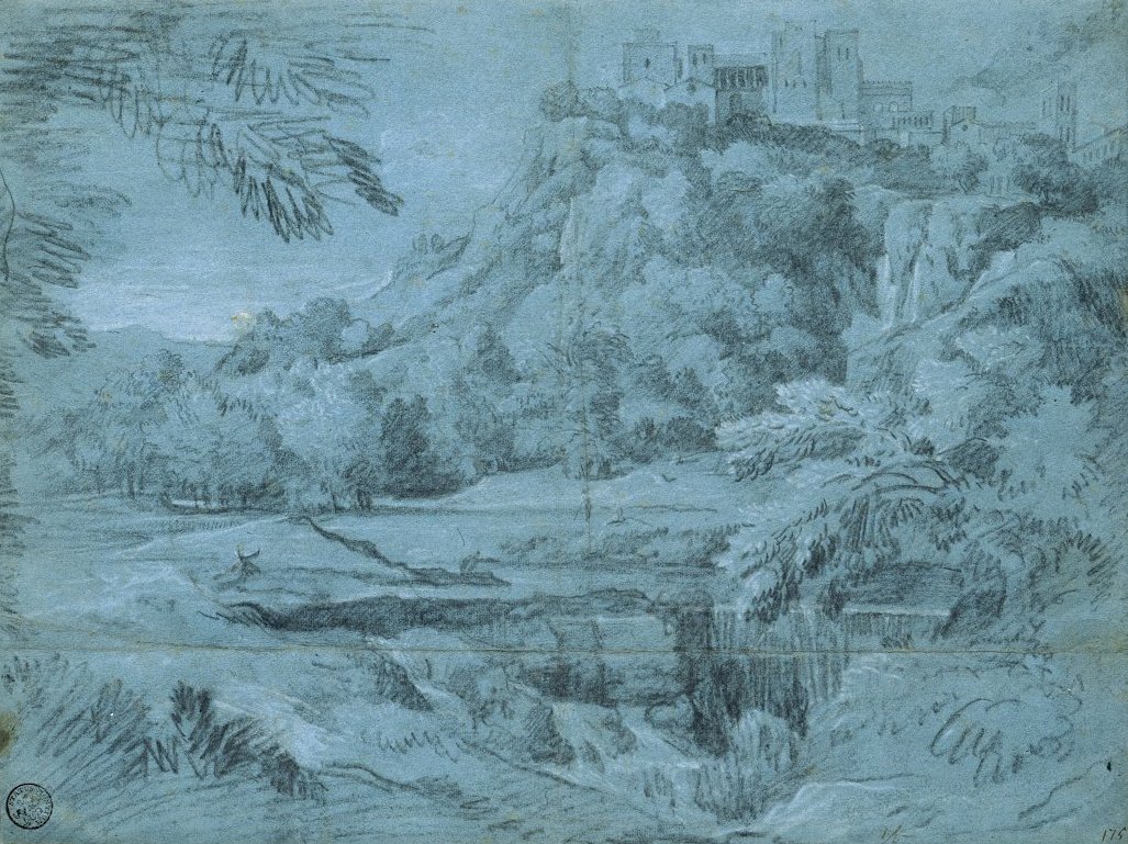 Landskap med fjellby og foss av Gaspard Poussin Dughet