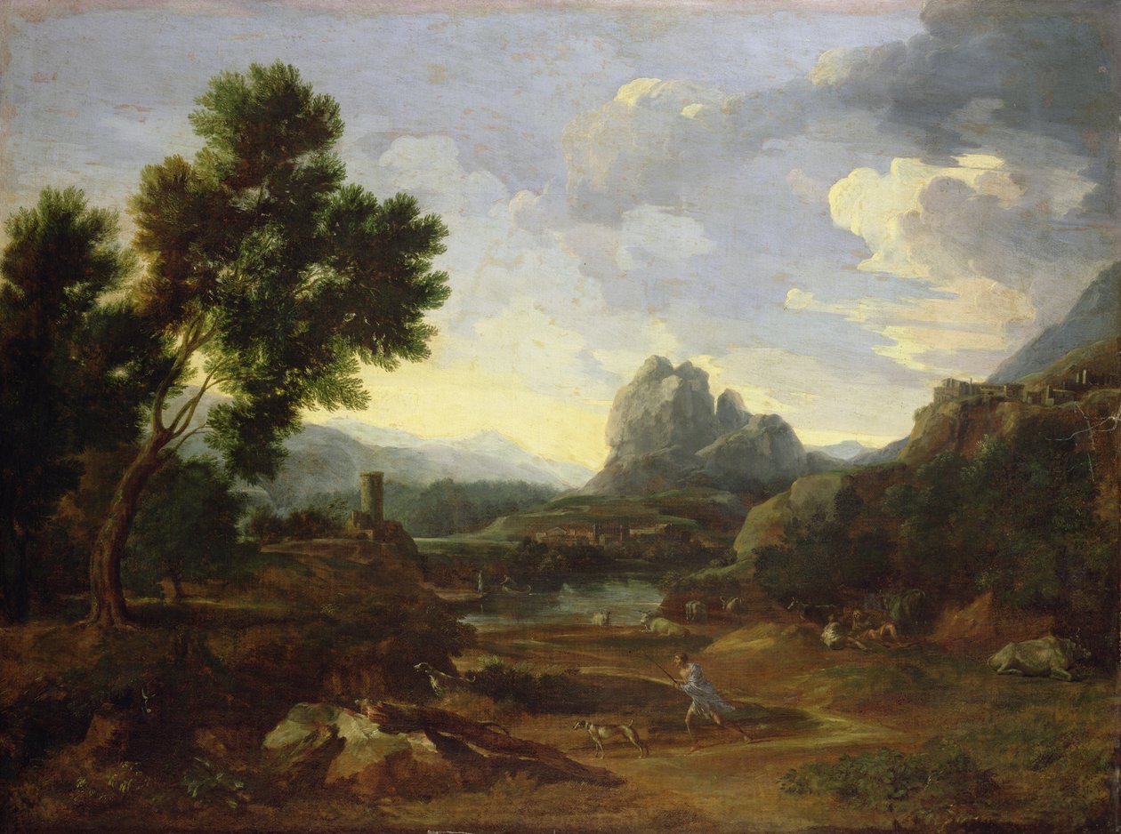 Landskap med jeger og hunder av Gaspard Poussin Dughet