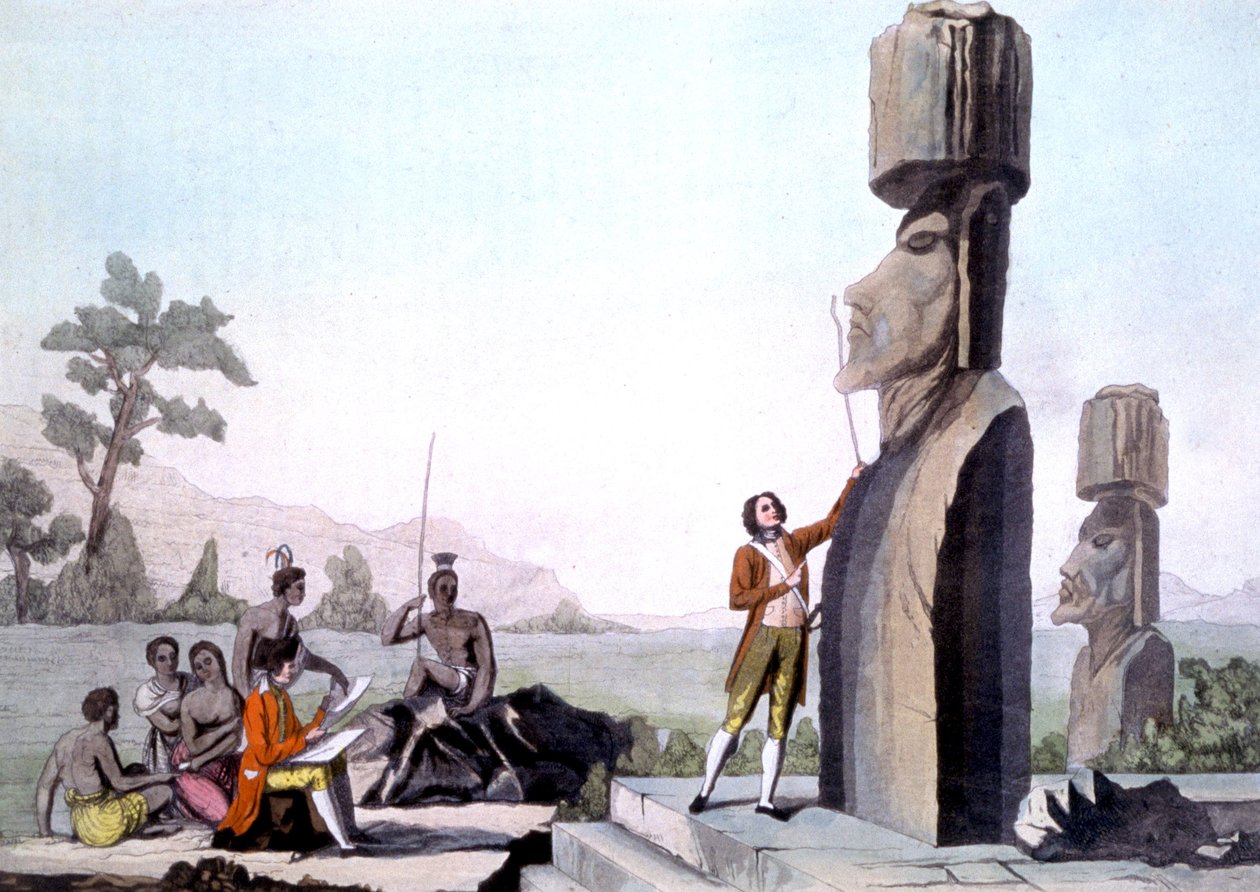 La Perouse med mannskapet sitt, måler statuene på Påskeøya (1786), gravering av Gaspard (after) Duche de Vancy