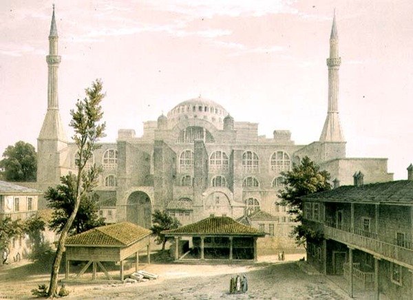 Haghia Sophia, plate 16: hovedfasade, gravert av Louis Haghe (1806-85) utgitt 1852 (litho) av Gaspard (after) Fossati