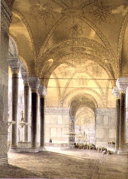 Haghia Sophia, plate 7: inngang til skipet, gravert av Louis Haghe (1806-85) utgitt 1852 (lito) av Gaspard (after) Fossati