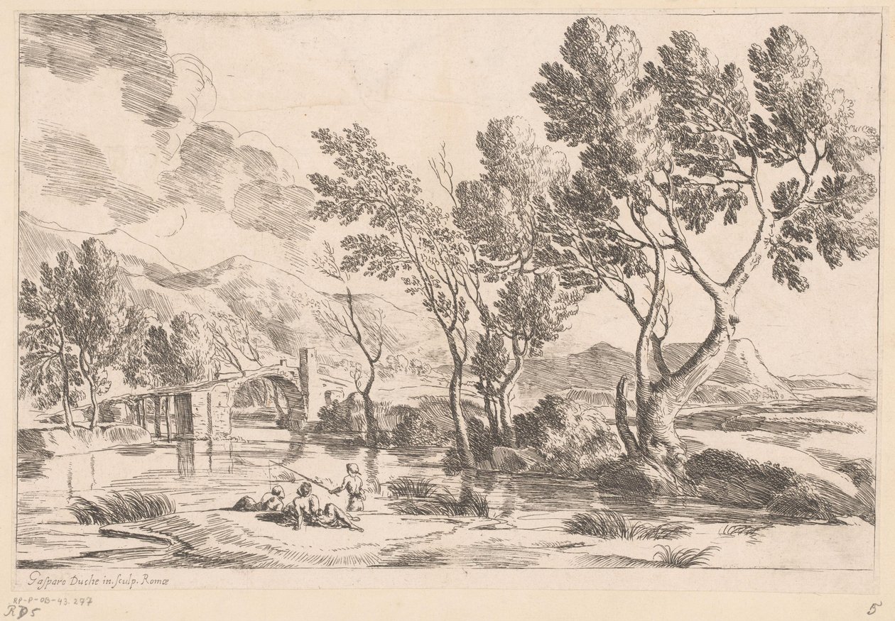 Elvelandskap med bru og fiskere av Gaspard Dughet