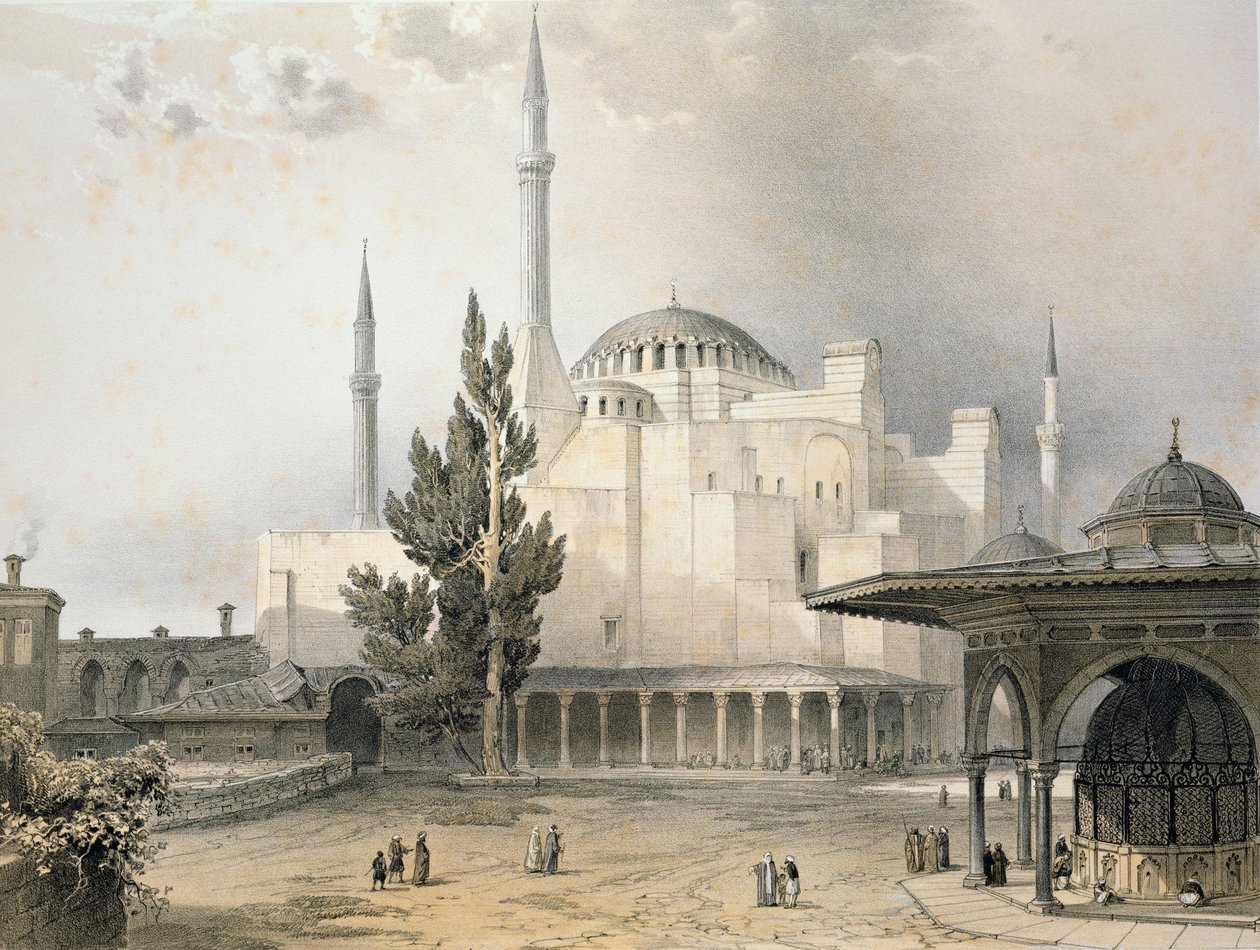 Gårdsplassen til Hagia Sophia (plate 15), gravert av Louis Haghe (1806-85) publisert 1852 av Gaspard Fossati