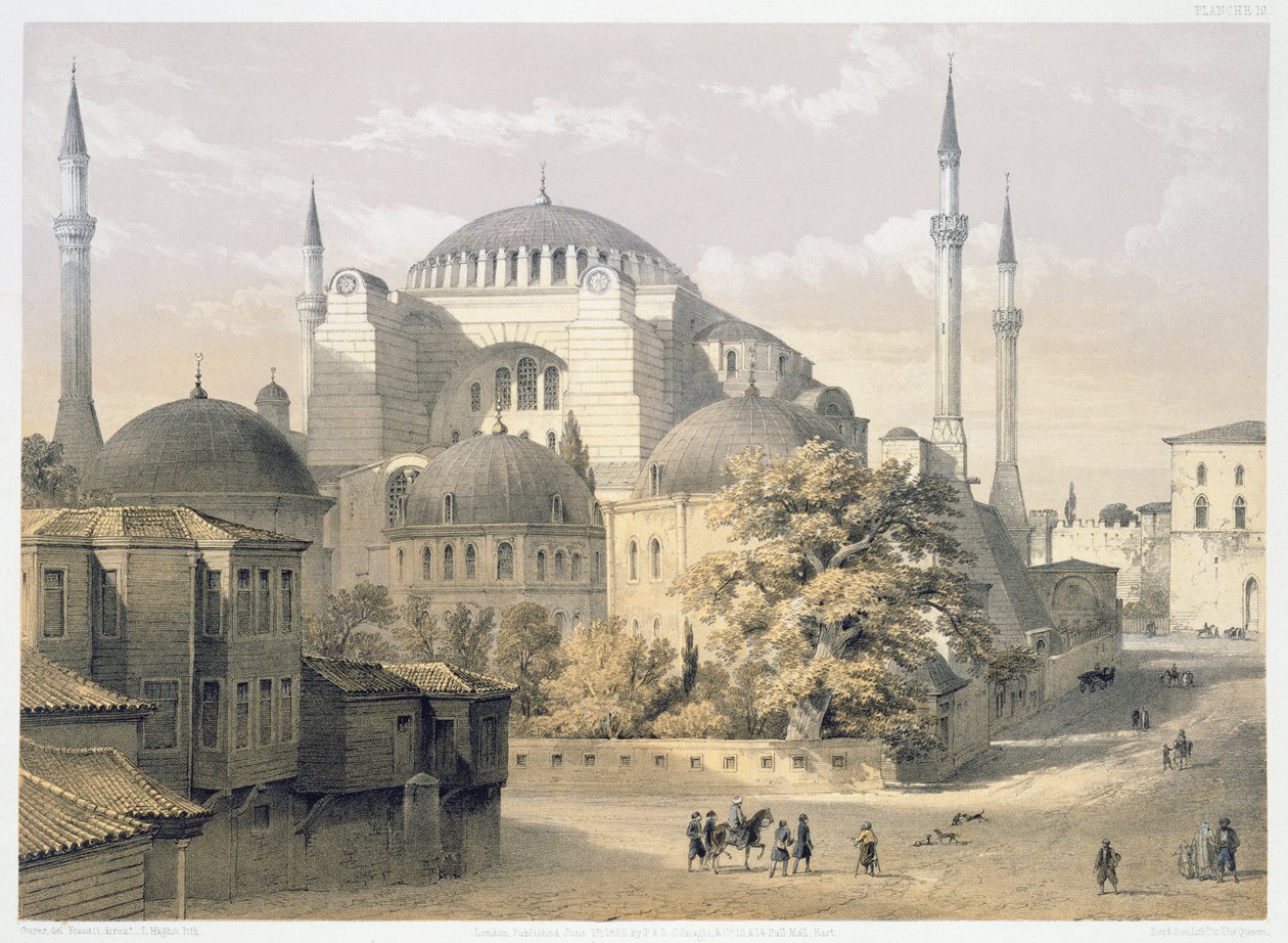 Hagia Sophia, plate 19: utvendig utsikt over moskeen, gravert av Louis Haghe (1806-85) publisert 1852 av Gaspard Fossati