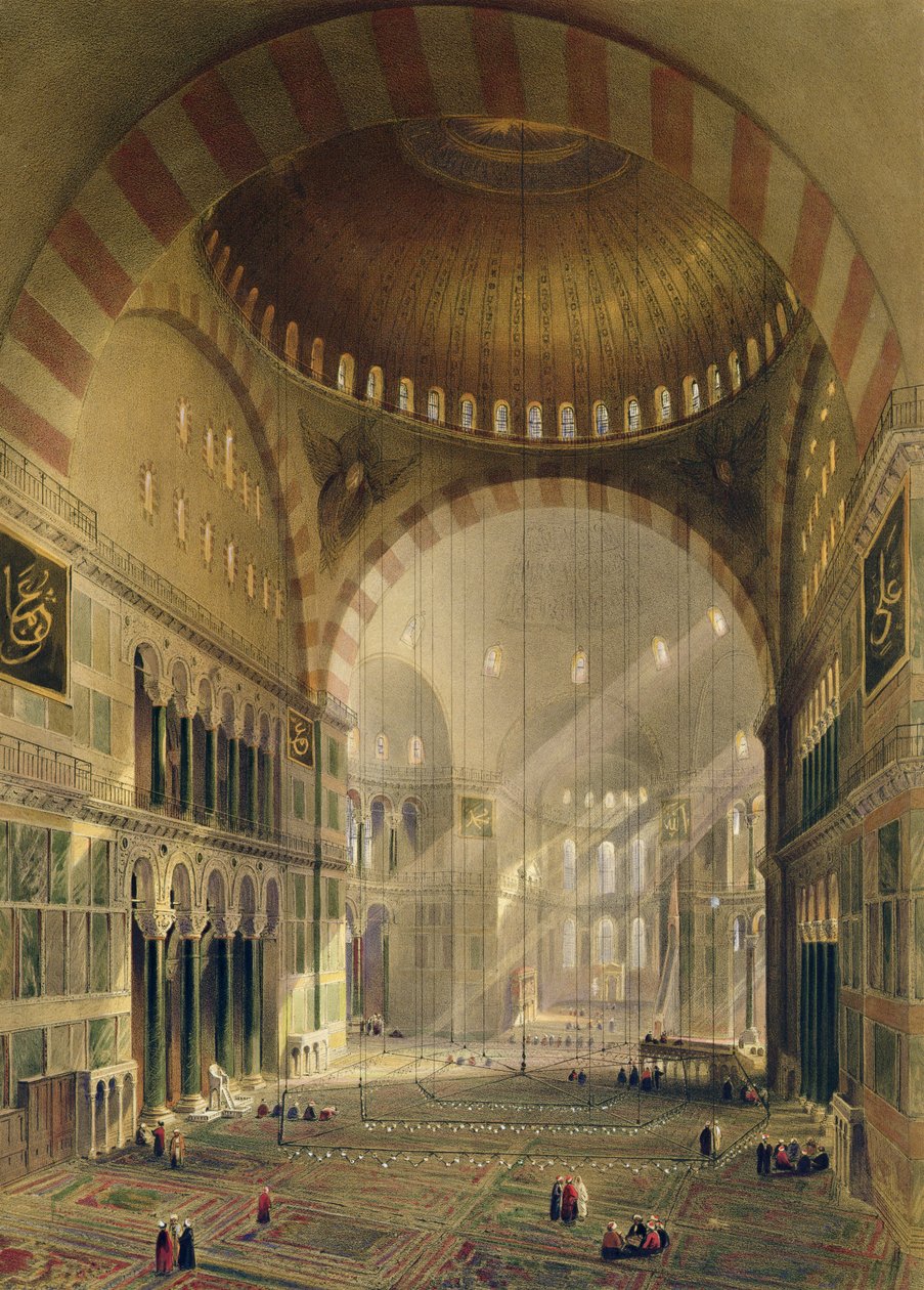 Hagia Sophia, plate 24: indre av den sentrale kuppelen med senkede lysekroner, gravert av Louis Haghe (1806-85) publisert 1852 av Gaspard Fossati